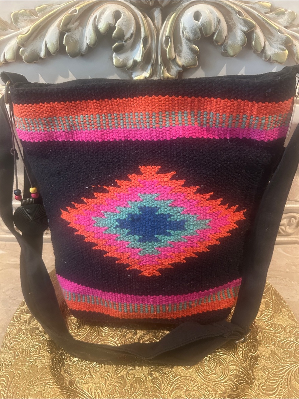NWT Handcrafted Black Crossbody Bag with Vibrant Geometric Print